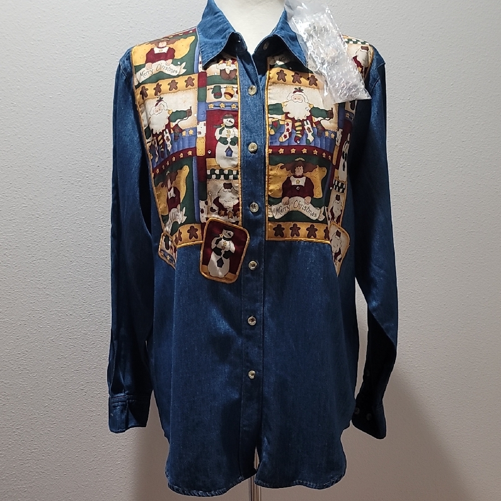 Vintage Santa Claus Blue Denim Button Down Shirt Large Casual NWOT Christmas Top